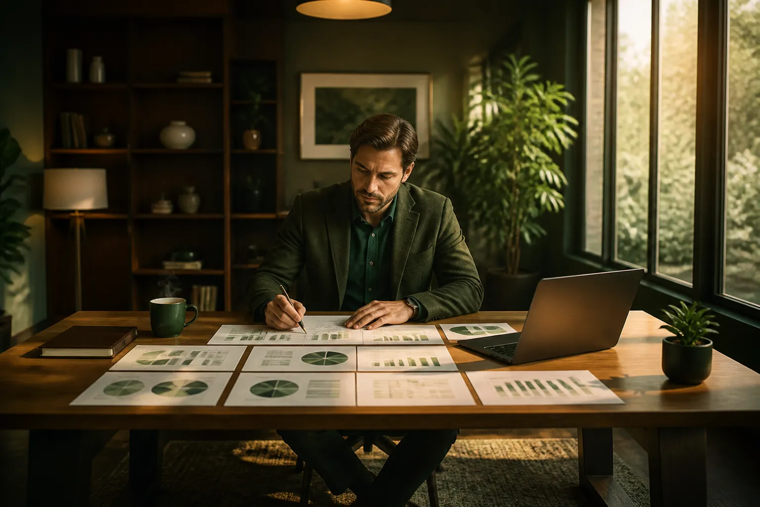 Aimorix strategist analysing marketing data at a desk with warm afternoon light
